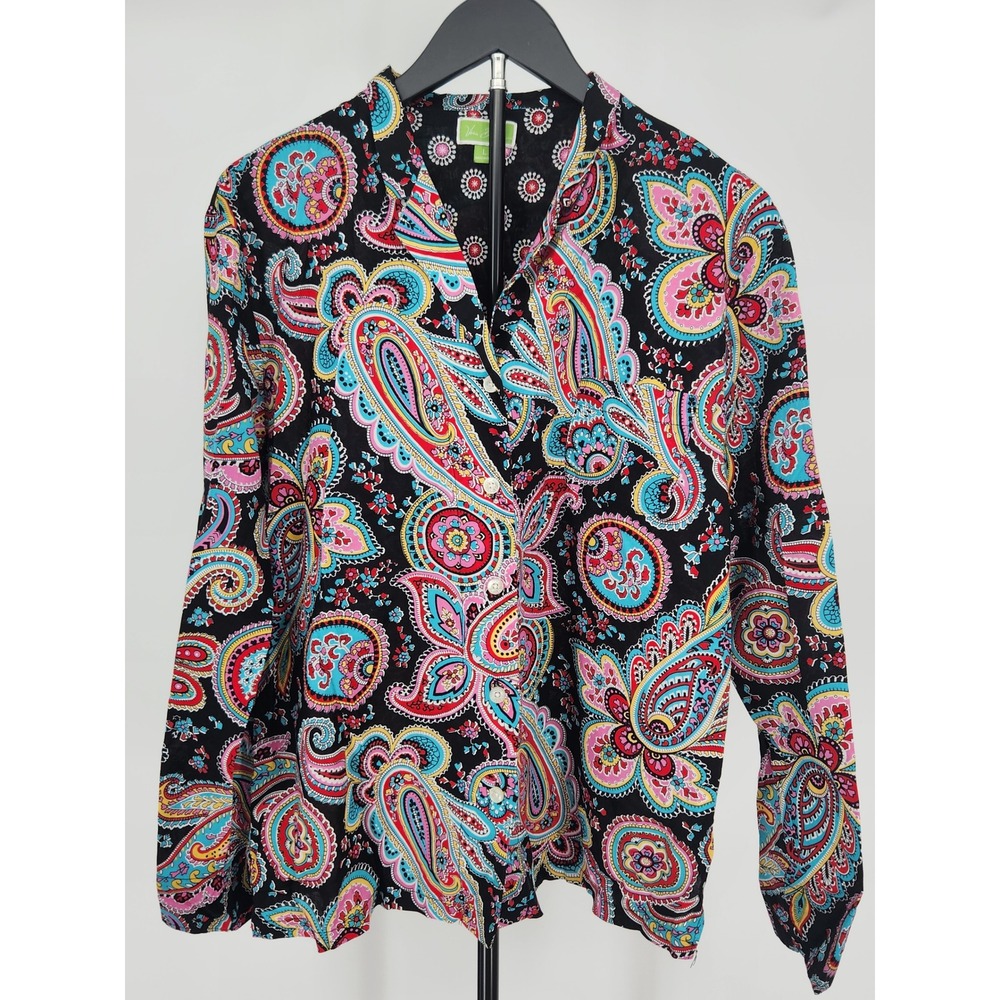 Vera Bradley Women Large Black Multi Color Paisley 100% Cotton Button Down Shirt - Picture 1 of 9
